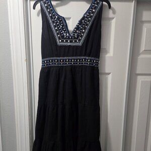 Boho black‎ sleeveless sundress with embroidered yoke and waist. NWOT